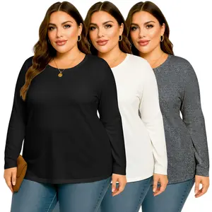 Plus Size Women's 3-Piece Set Loose-Fit Long-Sleeve Crew Neck T-Shirt XL-6XL Casual Minimalist Outfit for Everyday Wear