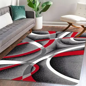 Modern Abstract Wave Geometric Flannel Area Rug - Red Grey White Contemporary Print Soft Mat for Living Room, Non-Slip Minimalist Home Decor#AbstractWaveRug #GeometricContemporaryMat #MinimalistHomeDecor #RedGreyCarpet #NonSlipFlannelRug