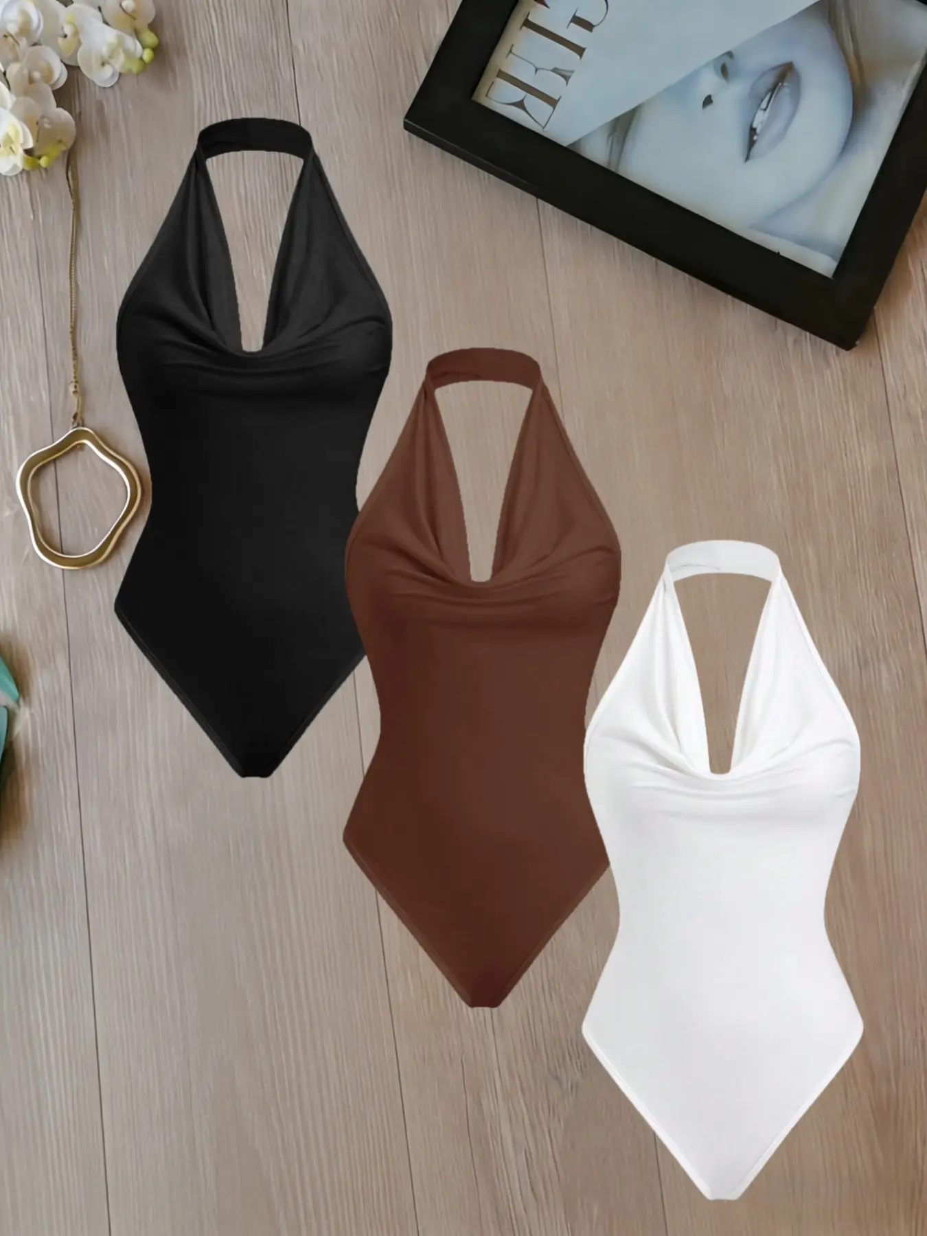 Women's 3-Piece Solid V-Neck Halter Backless Bodysuit, Comfortable Layered Tight-Fit, Fashion Essential for Single or Stacked Wear