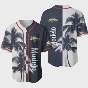 Modelo Especial Beer Baseball Jersey Unisex Oversized Tropical Palm Tree Navy White Red Streetwear Summer Beach Casual Comfort Button-Down Shirt Men Women