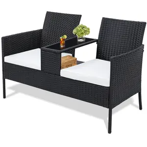 Wicker 2 Seat Patio Conversation Set, Outdoor Rattan Loveseat with Table, Washable Cushion Covers, Backyard, Garden, Lawn, Black Rattan with Black Cushion tiktokshopspringglowup