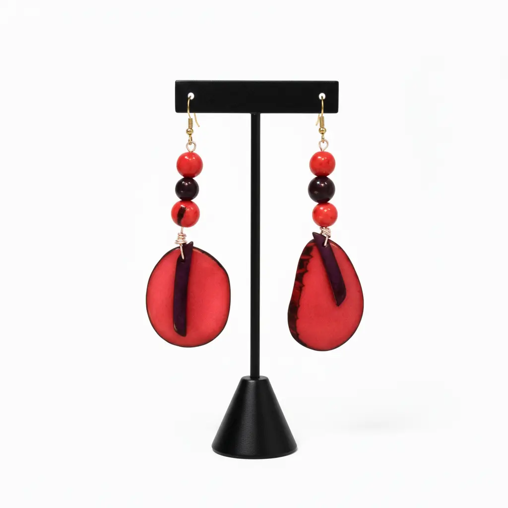 114 - Tagua Nut Fuchsia & Purple  Earrings with Dark Red Accents