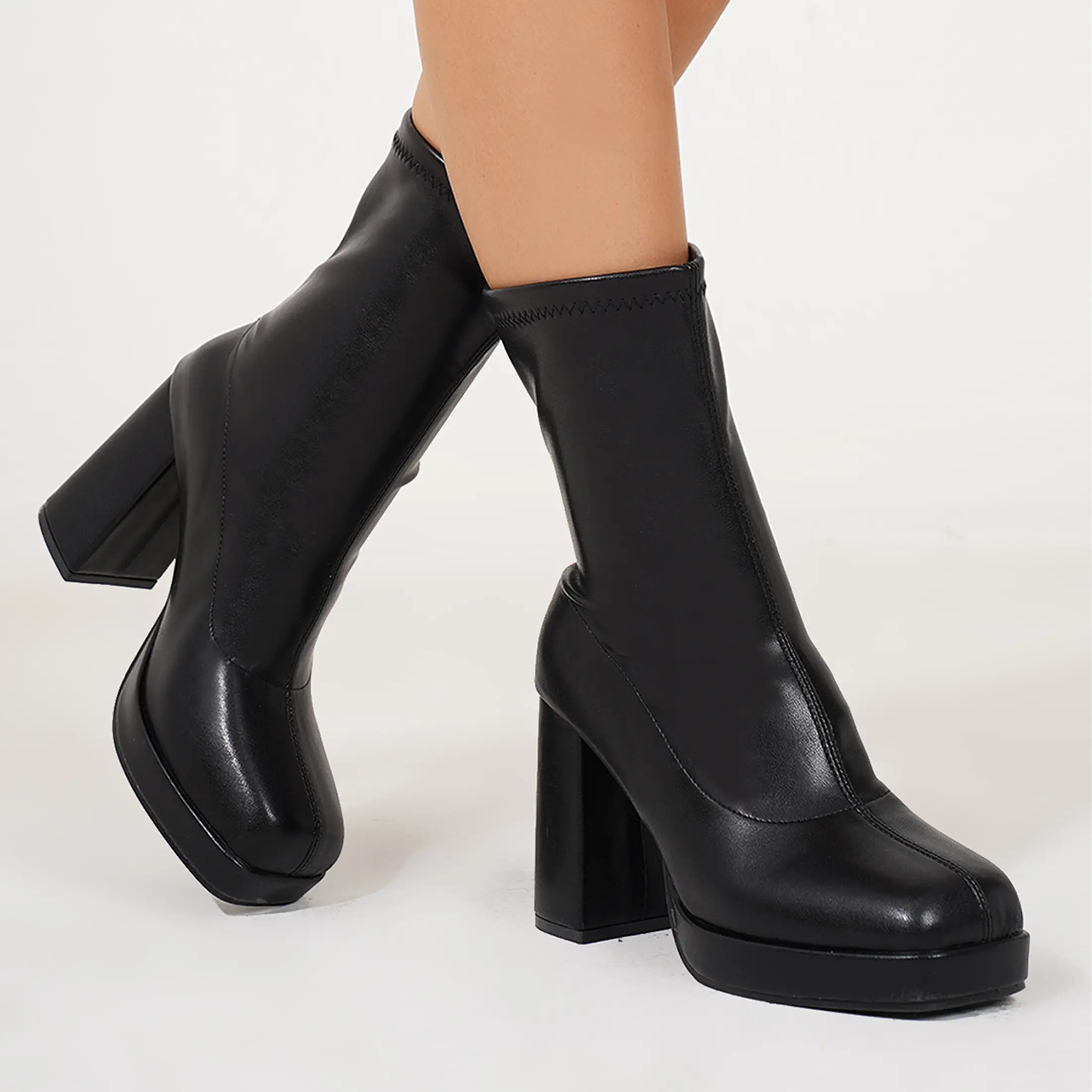 Women's High-Heel Boots Stretchy Platform Ankle Boots Chunky Heel Round Toe Party Night Boots Indoor Outdoor Shoes