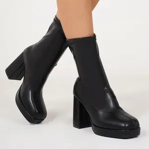Women's High-Heel Boots Stretchy Platform Ankle Boots Chunky Heel Round Toe Party Night Boots Indoor Outdoor Shoes