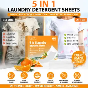 YUCO Laundry Detergent Sheets 5 in 1 Deep Cleaning Odor Remover Travel Size Portable Laundry Soap Sheets Fast Dissolve Long Lasting Fresh Scent Individually Wrapped No Spill Safe for Men Women Kids All Fabrics