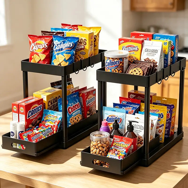 2-Pack Black Pull-Out Under Sink Organizers - Multi-Use Home Improvement Racks for Convenient Storage, Versatile for Bathroom & Kitchen Under Cabinet Areas