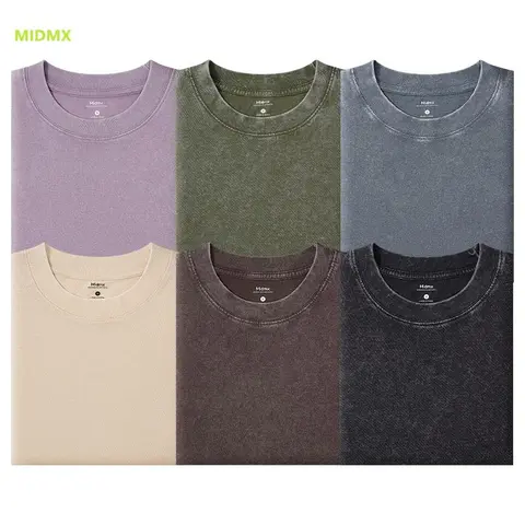 MIDMX Men's 100% Premium Cotton Vintage Washed Crew Neck Short-Sleeve Casual Plain T-Shirt - Loose-Fitting Soft Unisex Minimalist Street Top, Cold Wash All Seasons Oversized Menswear Tee