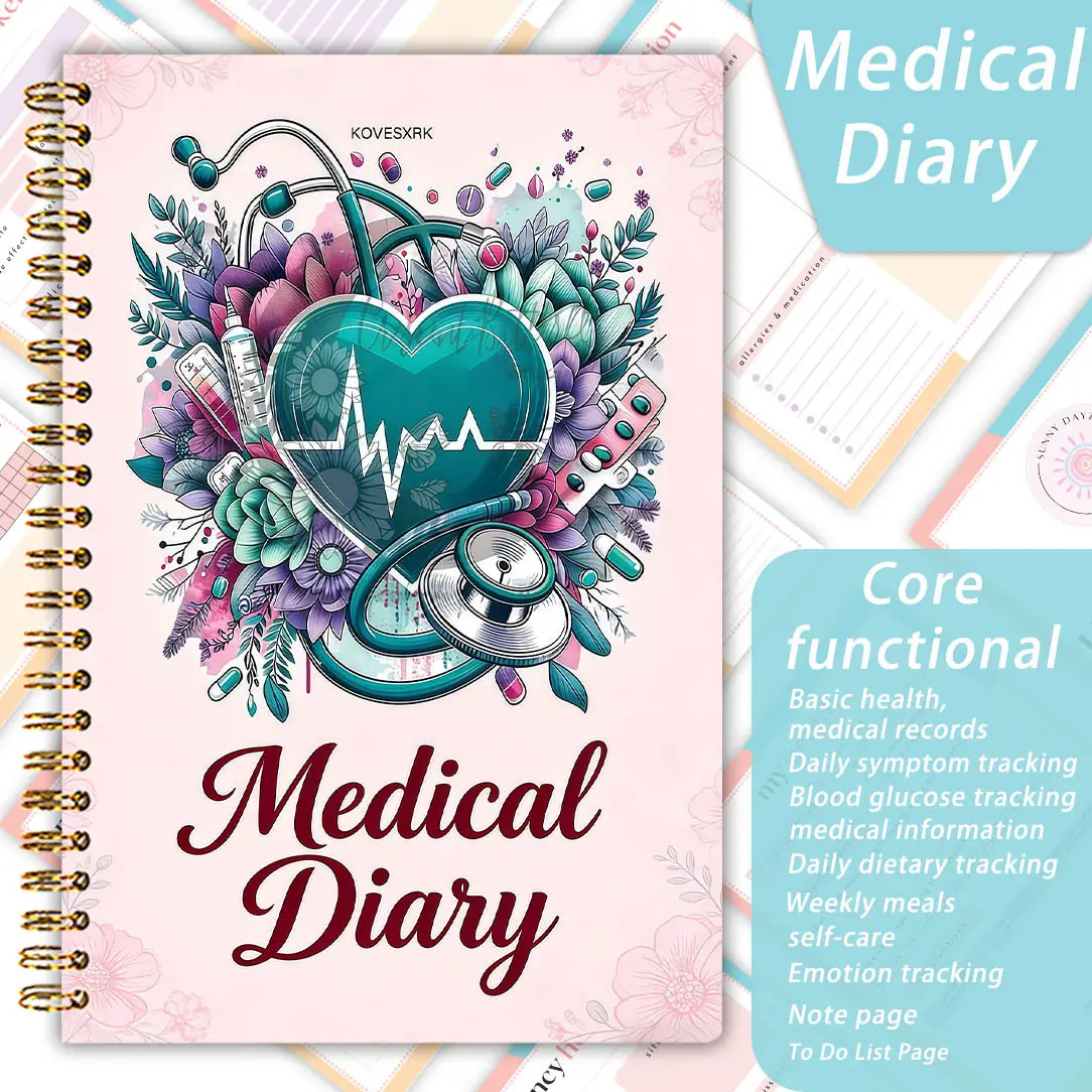 Chronic Disease Management Journal - A5 Health Log Book with Symptom Medication, Mood Sleep Trackers Floral Spiral Notebook for Family Health Thoughtful Gift for Seniors Loved Ones Diary