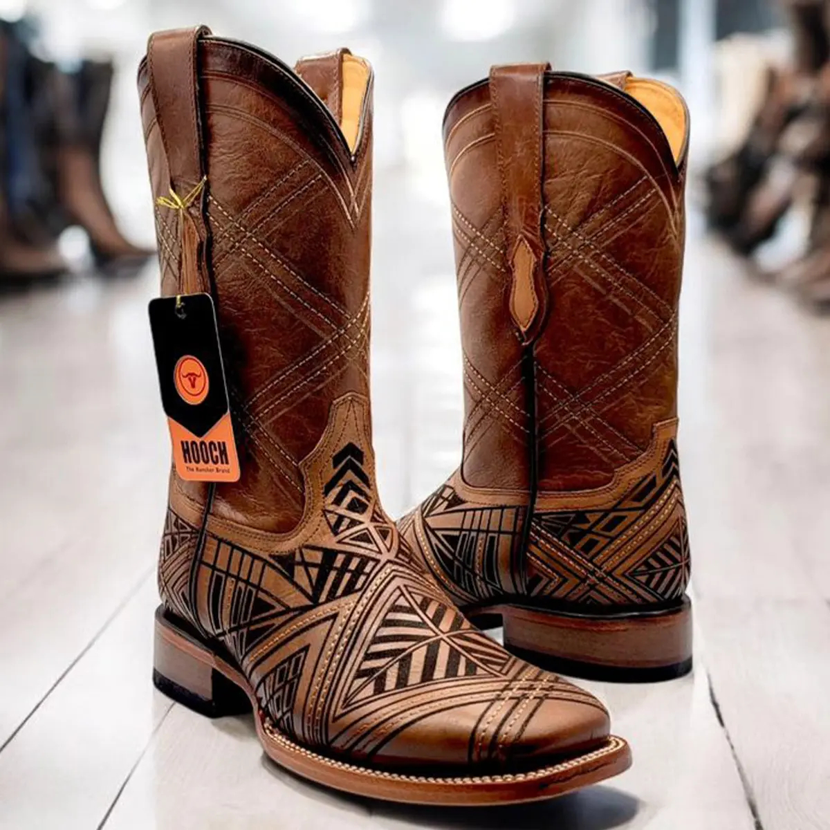 Laser Engraved Western Boots Square Toe