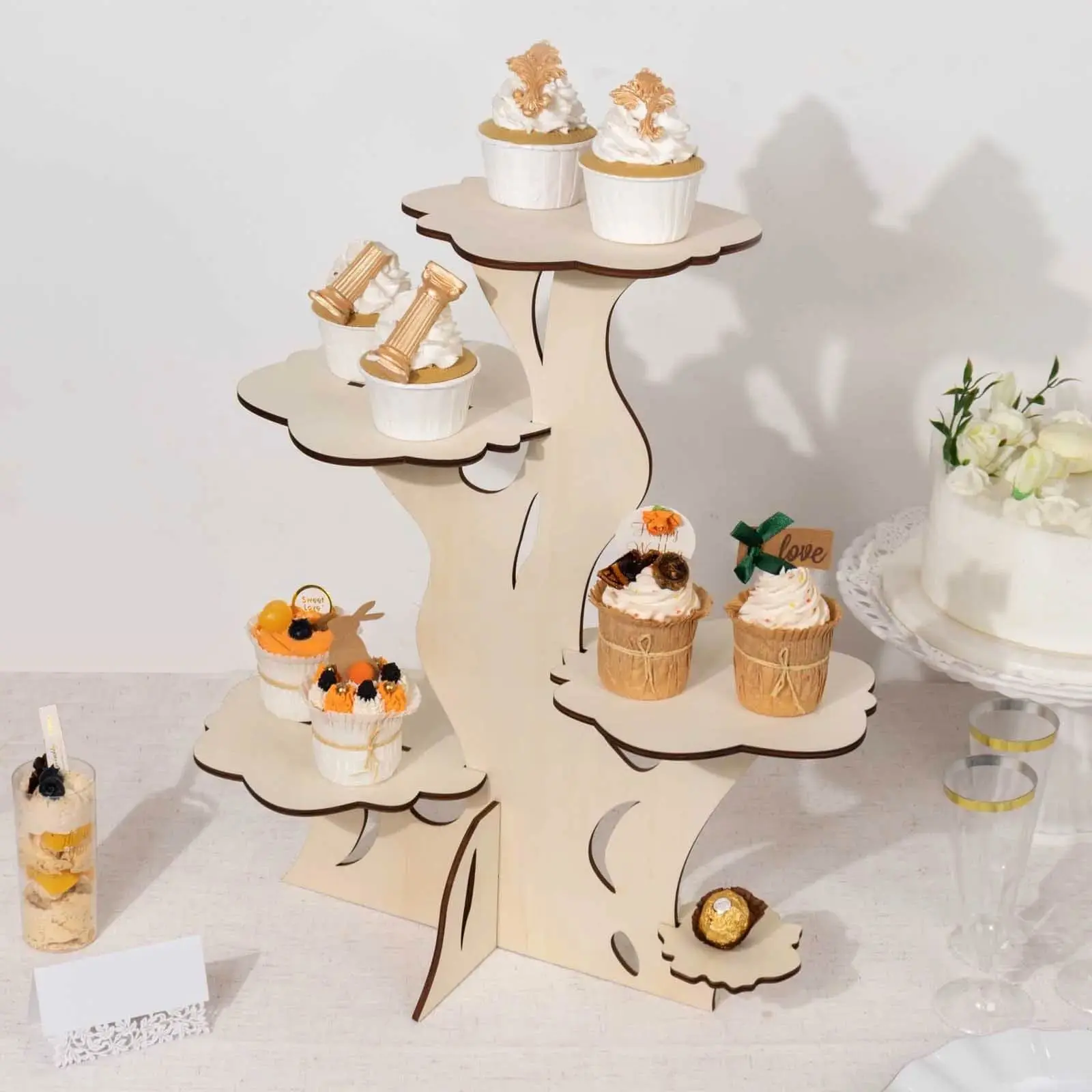 5-Tier Wooden Cake Stand, 19 in Tall Natural Tree Tower Design with Laser Cut Details - Decorative Food Display for Rustic Cupcakes, Event Styling, Graduation Parties