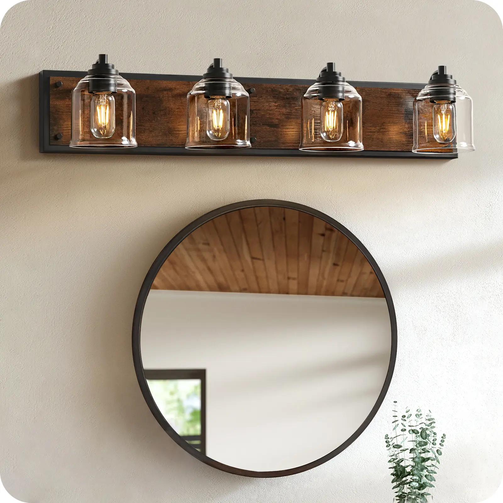4-Light Bathroom Fixture, 31.5" Large Farmhouse Vanity Light, E26 Base (Bulbs Not Included), Thickened Glass Shade, for Bathroom, Bedroom, Vanity, Hallway, Rustic Brown and Black