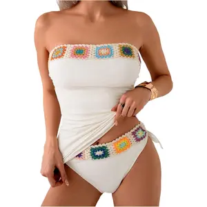 Women's 2 Piece Floral Strapless Tankini Swimsuits High Waisted Thong Bathing Suit