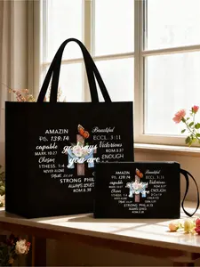 Black handbag and makeup bag with prints of God, butterflies, crosses, Christian patterns, adorned with Jesus Bible letter patterns, large-capacity black linen handbag, dopamine shopping bag, women's fashionable canvas handbag