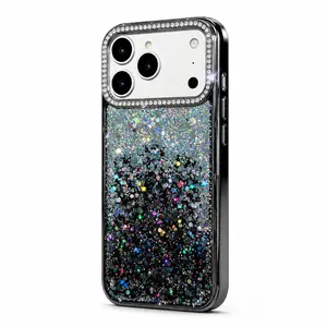 Luxury Stylish Black Silver Gradient Glitter Phone Case With Sparkling Rhinestone Camera Decor, Soft Silicone Anti Drop Protective Case, Trendy Elegant Phone Cover Suitable For iPhone 15 16 17 Series, Birthday Valentine Holiday Gift For Ladies