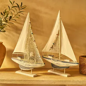 Set of 2 Sail Boat White Wood Handmade Decorative Sculpture
