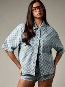 MISSGUIDED Checkerboard Pattern Denim Shirt With Button Front