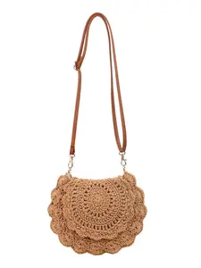 Woven Round Bag for Women New Cottagecore Aesthetic Shoulder and Crossbody Handbag Small Knit Circle Purse Lightweight Chic Beach Vacation Bag for Travel Daily Casual Stylish