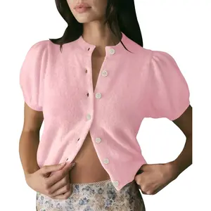 Puff Short Sleeve Cardigan Sweaters Cropped Button up Lightweight Knit Summer Cardigans