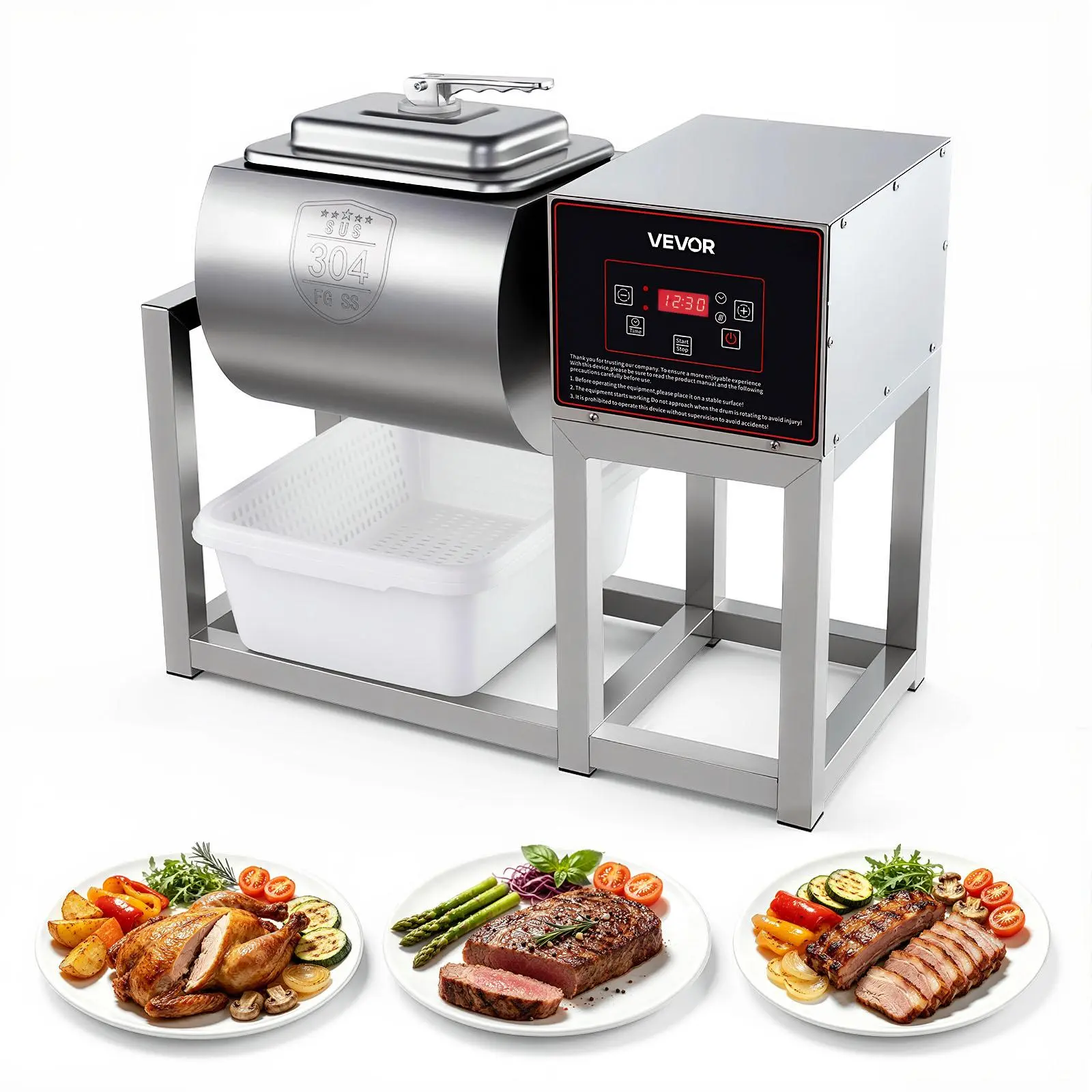 VEVOR Commercial Meat Tumbler Marinator, 18L Tumbling Marinating Machine, for Chicken Steak Pork Restaurant, Stainless Steel Vacuum Curing Machine, with Bidirectional Rotation and Smart Control Panel