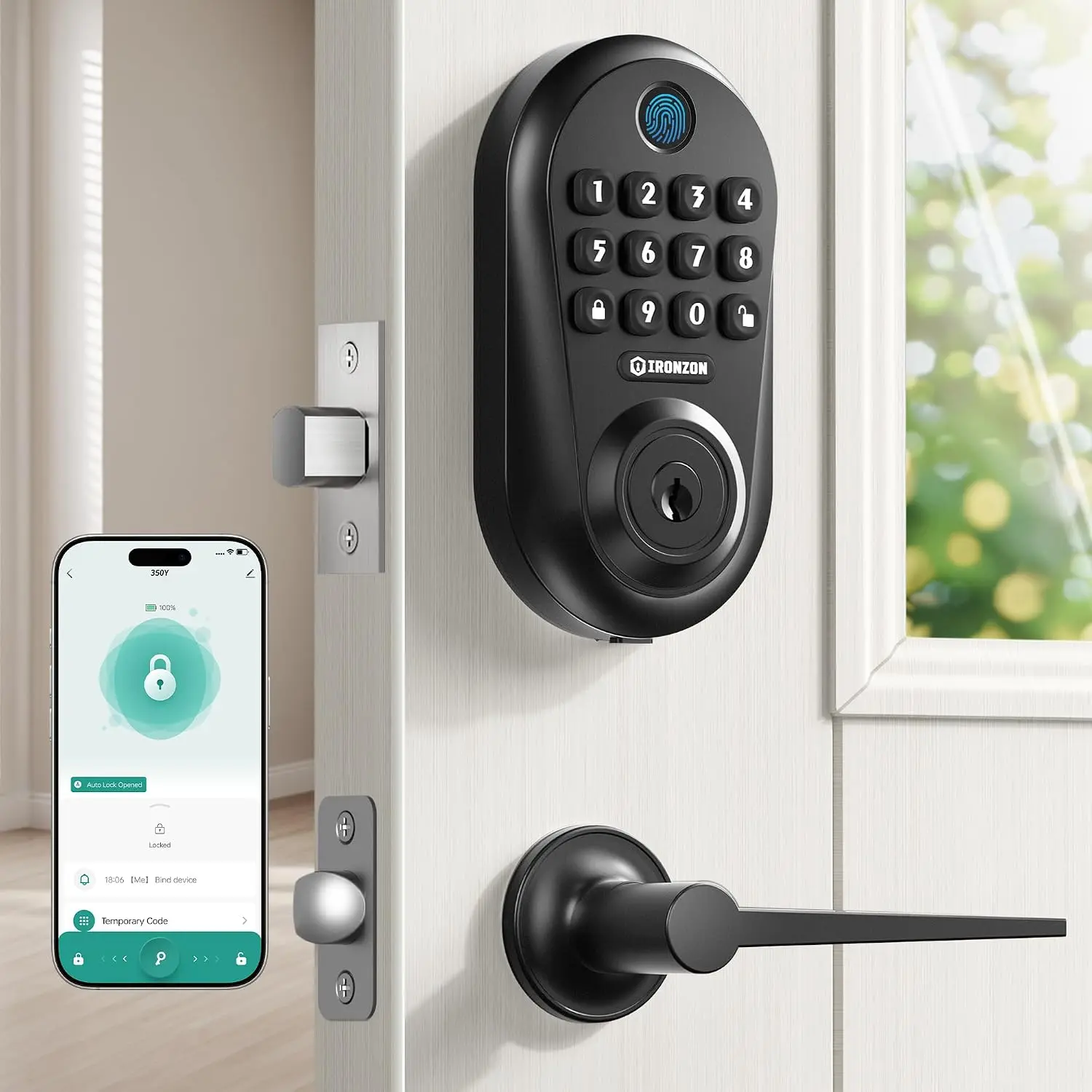 Smart Deadbolt with Handle Set, 5-in-1 Keyless Entry (Fingerprint, Passcode Keypad, Knob Unlock, App Control, Physical Backup Key), Auto-Lock, One-Touch Locking, Local Data Privacy, IP54 Waterproof for US Front Door, Interior Doors & Garage-IRONZON