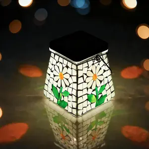 SAVENNA Mosaic Solar Lantern,Handcrafted Glass Hanging or Table Lantern,600mAh Long Lasting Light for Patio, Yard & Garden – Daisy Pattern