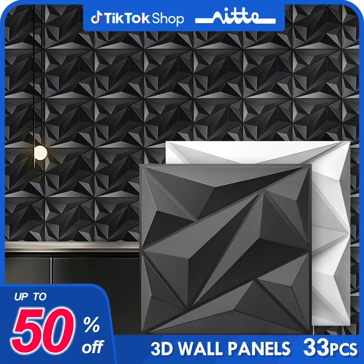 Nitte 33pcs PVC 3D Wall Panels, 11.8"x11.8" (30cmx30cm), for Living Room, Bedroom, Kitchen, TV Background, Feature Wall, Logo Decor 3d wall panel Mode