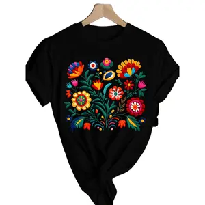 Mexican Folk Art Graphic Tee: Plus Size Women's Floral  Marigold Print T-Shirt, Vibrant Red with Multicolor Design, Casual Short Sleeve Round Neck Top  Breathable Summer Blouse for Festivals  Casual Attire