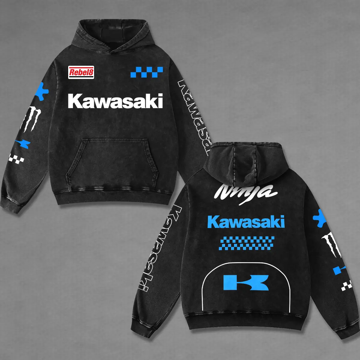 Blue Kawasaki Racing Washed Hoodie Vintage Motorcycle, Retro Motor Speed Racing Sportbike Graphic Merch, Acid Washed Streetwear Clothing, Unisex Dirt Bike Racing Hoodie, Vintage Motorsport Hoodie, Speed Culture Men's Wear