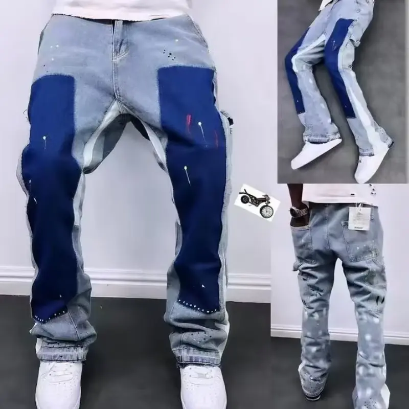 Distressed Bell-bottom Jeans Color Block Construction Details Street Style Trendy Unique Niche Pants Men's Fashion Denim Skinny Jeans - Blue baggy jeans men baggy pants Streetwear Menswear Slim Straight Men's Jeans