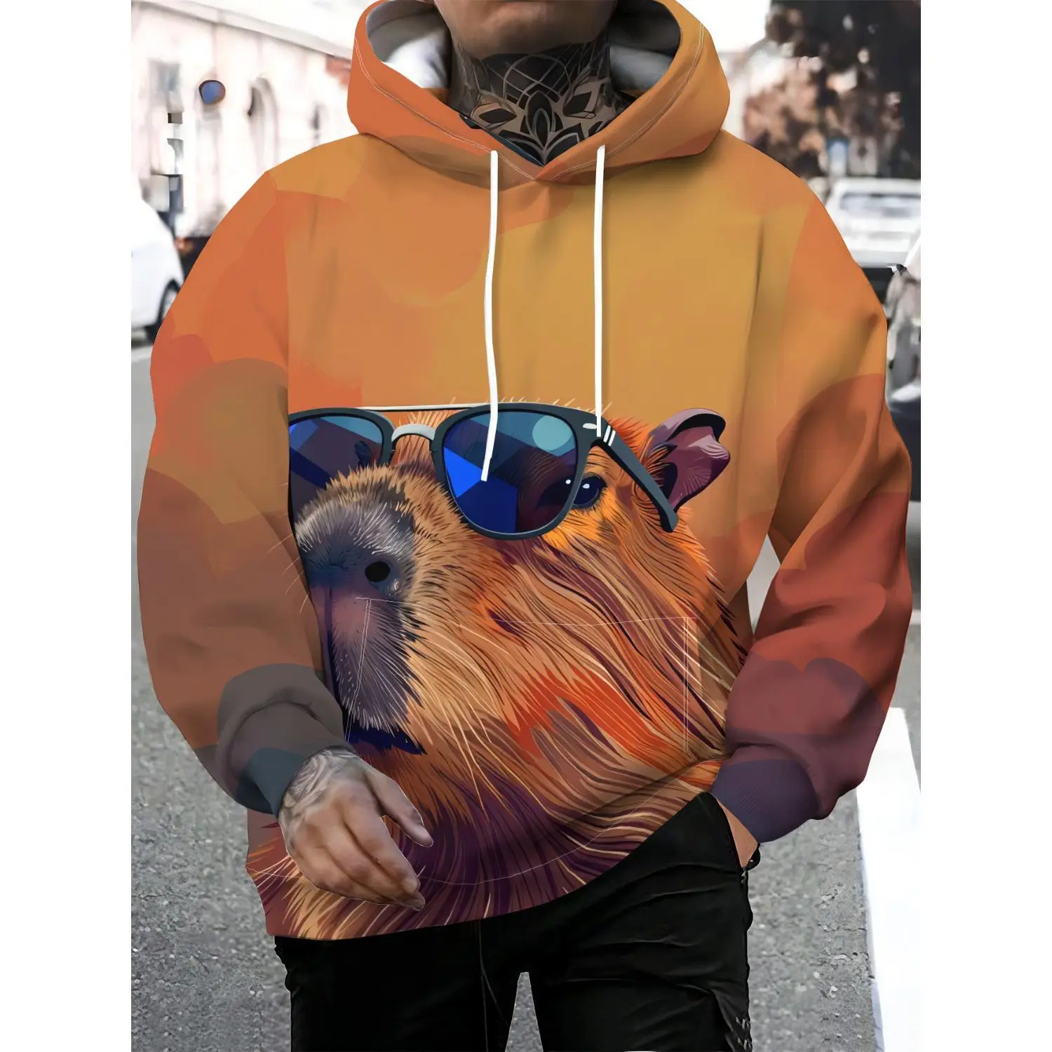 Discover a New Chapter in Men's Streetwear - Capybara with Fashion Glasses Against a Warm Cloudy Backdrop. Trendy Street-style Pullover Hoodie with Full-print of Artistic Patterns