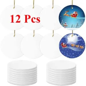 12 Pcs Sublimation Ceramic Ornaments - Bulk White Round Porcelain Ornament Blanks for Heat Press Printing - Personalized Xmas Tree Keepsake Crafts Gift