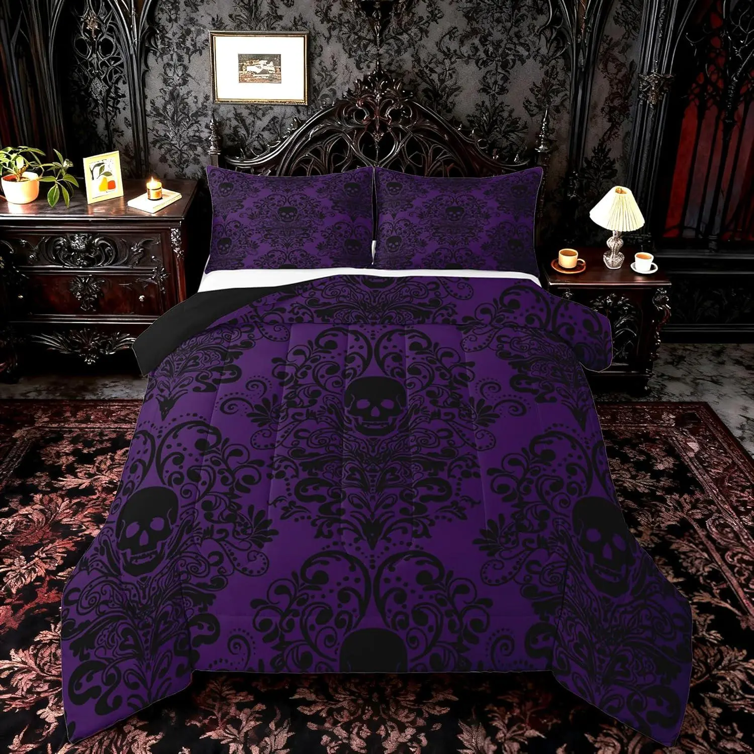Adults Gothic Skull Bedding Set Kids Damask Print Comforter Goth Bohemian Duvet Breathable Soft Lightweight Microfiber Black Purple Room Decor with