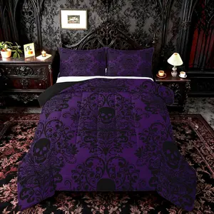 Adults Gothic Skull Bedding Set Kids Damask Print Comforter Goth Bohemian Duvet Breathable Soft Lightweight Microfiber Black Purple Room Decor with