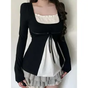 Y2K Sweet Square Neck Patchwork Slim Fit Long Sleeve T-Shirt, Womenswear, Casual Classy Fashion, Girls College Style Bow Tie Button A-Line Doll Wind Top