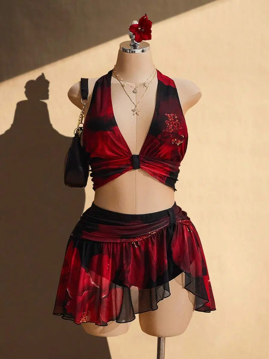 Plus Size Bikini Set - Floral Halter Swim Top and Asymmetric Mesh Mini Skirt for Beach Vacation