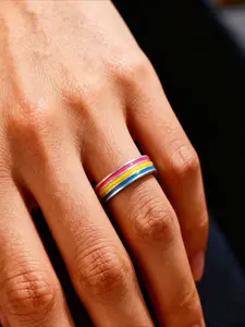 1pc Fashion Rainbow Striped Stainless Steel Ring, Men's Style, Gay Gift, Proud Month Jewelry Decoration, Anniversary Gift