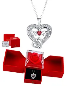 Mom Heart Shaped Pendant Necklace, Zircon & Preserved Rose Gift Box, Elegant Jewelry Necklace, Perfect for Mother's Day, Birthday, Christmas