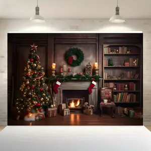 1pc festive Christmas party background cloth decoration, polyester material, with elegant decoration, Christmas tree, bookcase, stove exquisite pattern design, suitable for holiday decoration - Christmas party, New Year, courtyard, garden decoration
