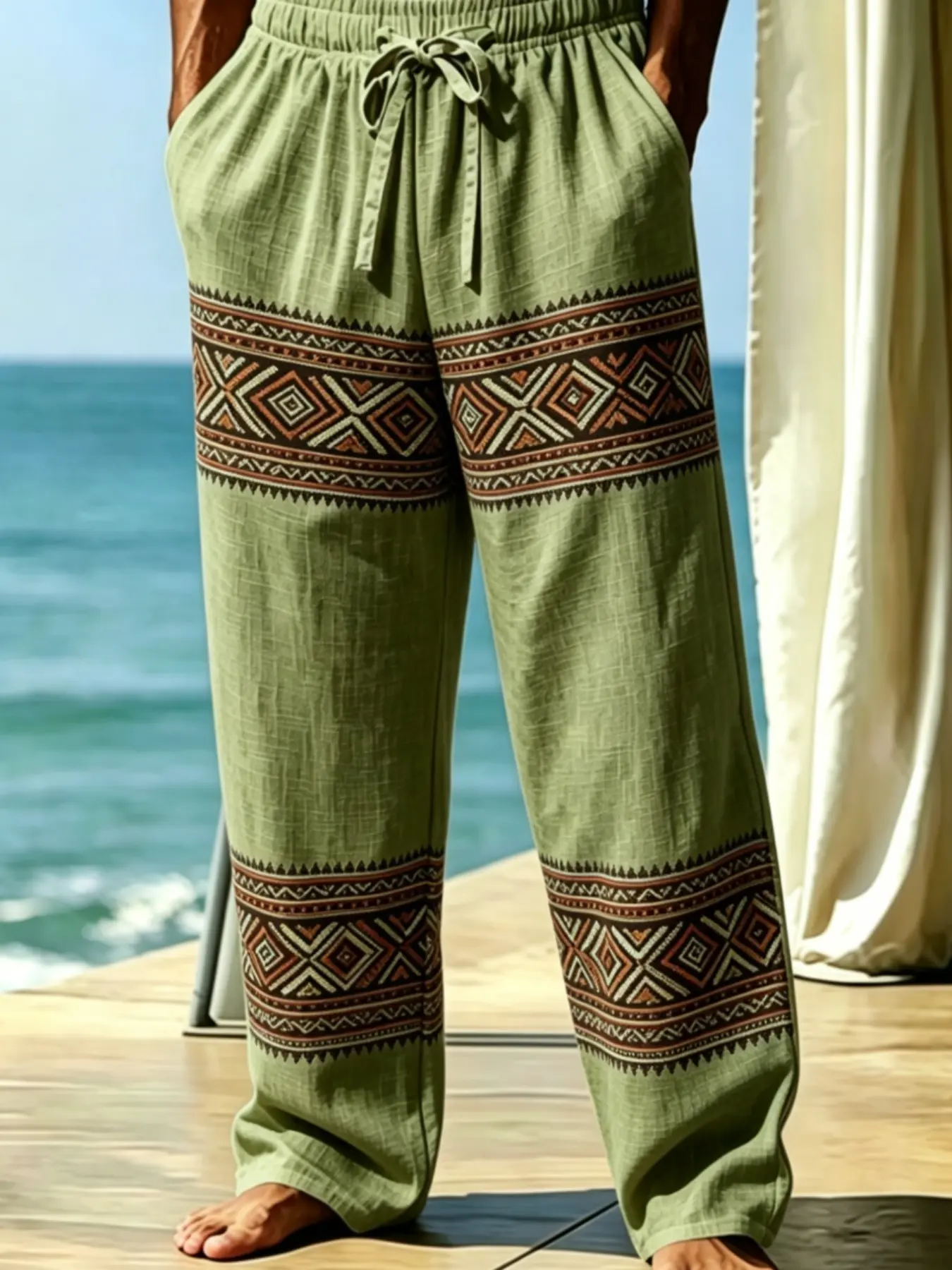 Men's Ethnic Boho Print Linen Pants, Boho Festival Trousers, Bohemian Trousers, Loose-Fitting Long Beachwear, Holiday Style, All Seasons, Casual Men's Trousers