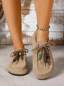 2025 Boho Beaded Tassel Moccasins for Women – Soft Suede Slip-On Loafers with Arch Support, Casual Vintage Comfort Walking Flats