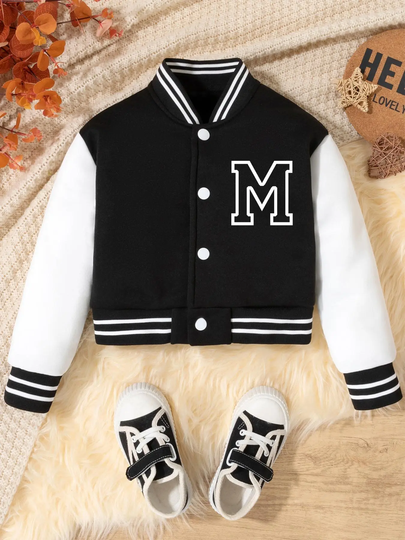 Girl's Colorblock Letter Print Drop Shoulder Varsity Jacket, Casual Mock Neck Button Front Outerwear for Fall & Winter, Kids Clothes for Daily Wear