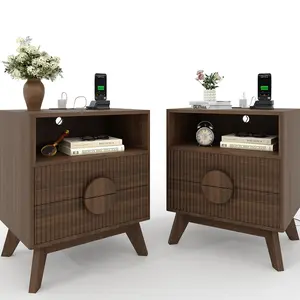 Garvee Set of 2 Modern Fluted Bedside Tables,Wood Nightstand Bedside Table End Table with Charging Station,Drawers & Open Shelf for Bedroom or Living Room