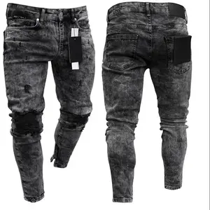 Men’s ripped elastic biker jeans, hip-hop slim-fit hole-detail punk jeans, zip fly, solid-color denim GARMENTARY
