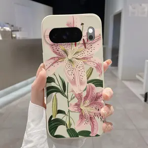 Rounded Edge TPU Phone Case for Google Pixel 10 9 8 7 Pro A XL Vintage Floral Lily Pattern Drop Protection Shockproof Soft Liquid Silicone Smartphone Cover