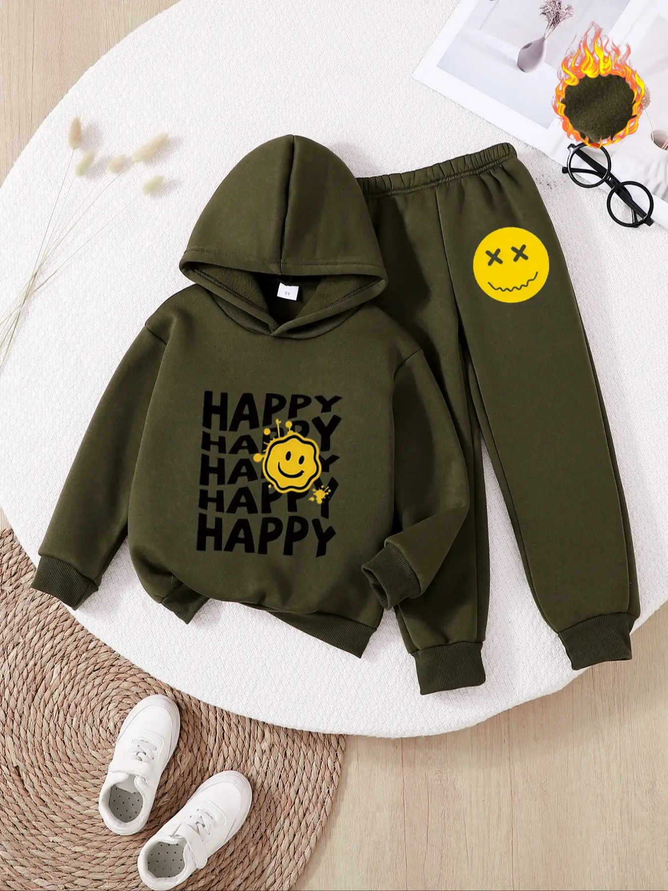 Boys' Fashion Casual Fall Winter Hoodie Set, Thick Warm Fleece Lined Sweatshirt & Pants, Trendy Smiley Face Print, Comfortable Outdoor Wear