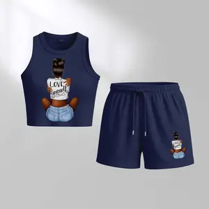 Women's Love Yourself—Warm, Just Like This.Print Sleeveless Tank Top And Drawstring Shorts Set, Casual Summer Sportswear Two Piece Outfit, Ribbed Knit Tank And Shorts Set For Everyday Wear