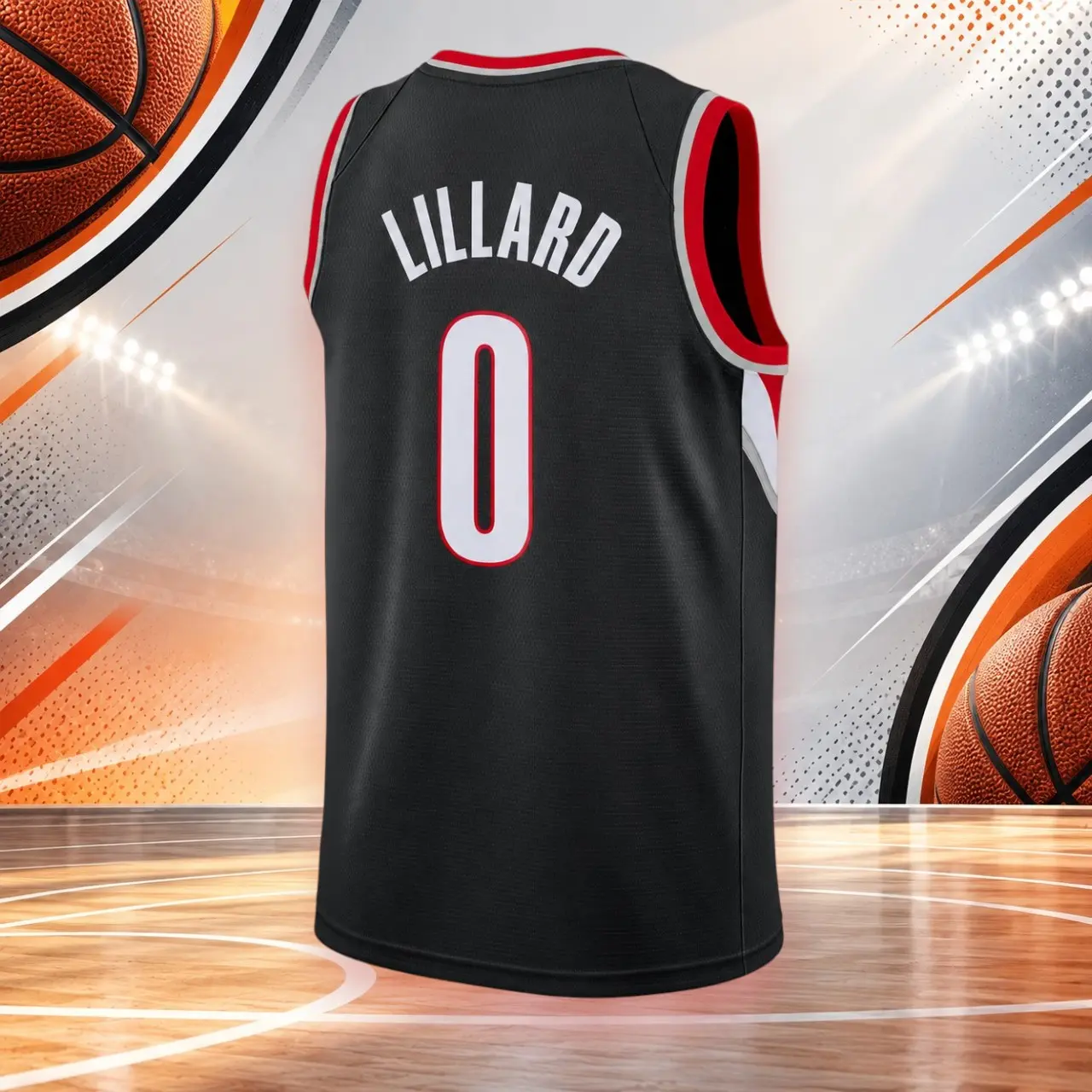 All Print Lillard #0 Basketball Jersey Shirt, V Neck Black Red Sleeveless Mesh Tank Top, Unisex Breathable Athletic Sportswear, Retro Game Day Outfit