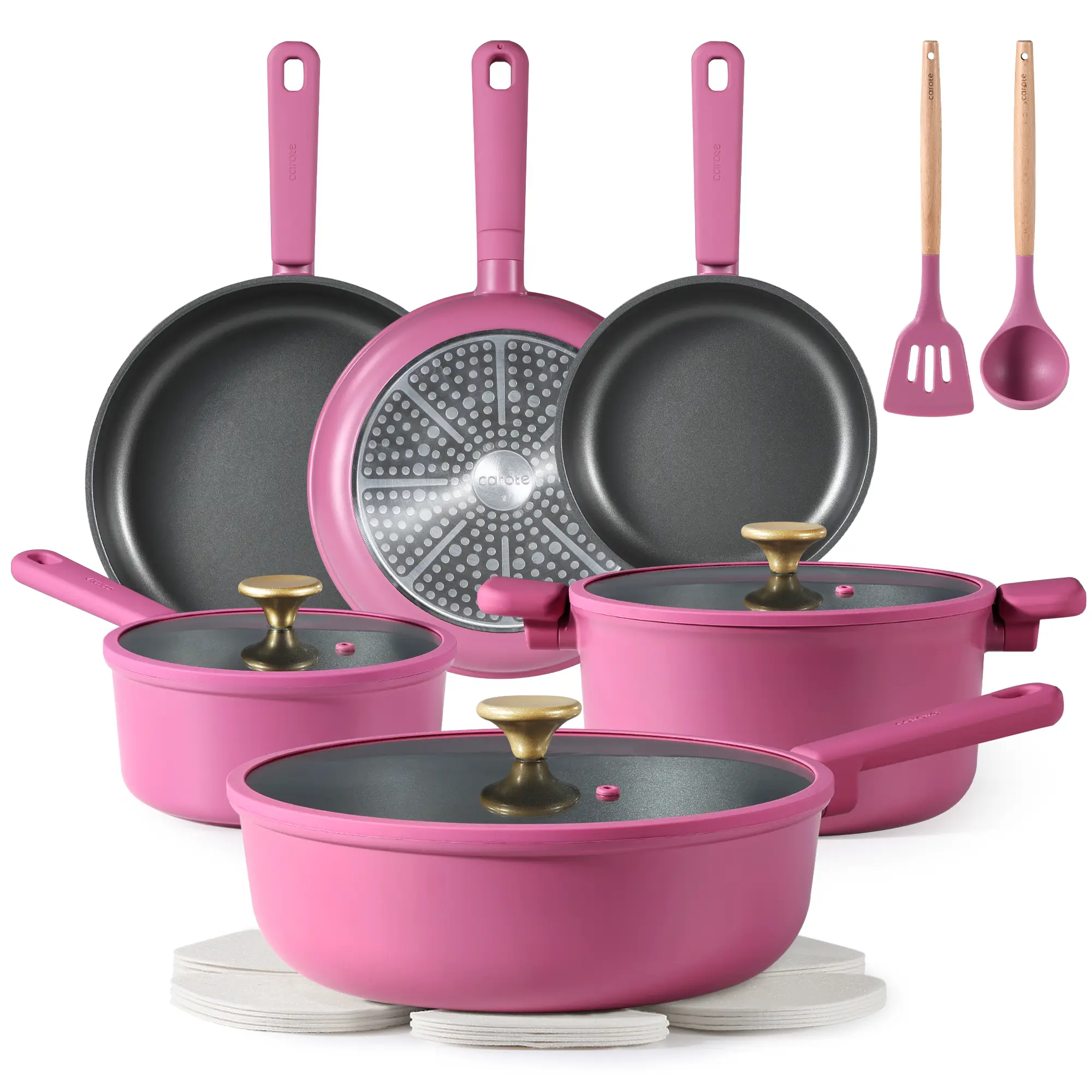 [Official] CAROTE 16pcs Nonstick Cookware set, Pots and Pans, Premium Induction Cookware, Durable & Easy to Clean, Large Frying Pan, Rose Pink& Lemon