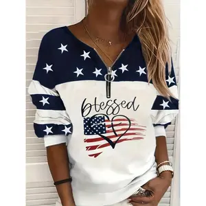 American flag print quarter zip sweatshirt, casual long sleeve sweatshirts for Fall & Winter, WOMEN'S clothing Collar Fabric Tops Hoodie  Womenswear