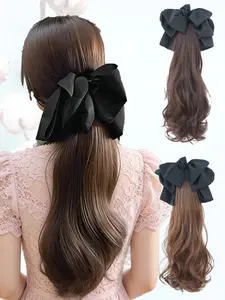 KAIRIYA Bow Clip-In Ponytail Extension - Long Wavy Curly Synthetic Hairpiece for Women, Decorative & Festive for Daily & Holiday Use